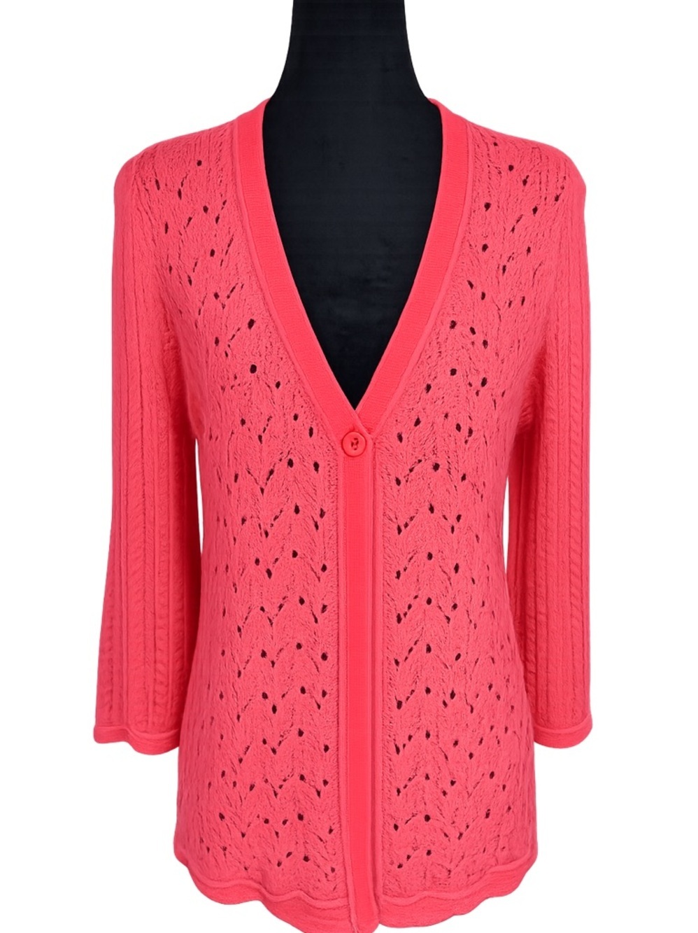 Kate Hill Peony Pink Pointelle Knit Cardigan Sweater Medium 3/4Sleeve Cotton BL